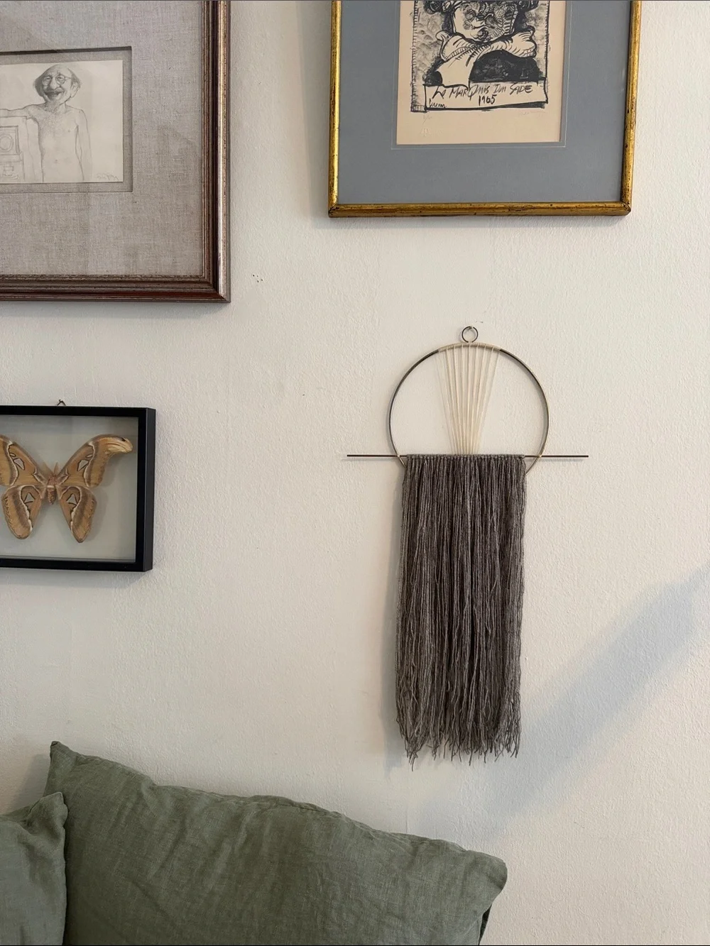 Modern Metal Hoop Wall Hanging Art Piece with Charcoal Fringe